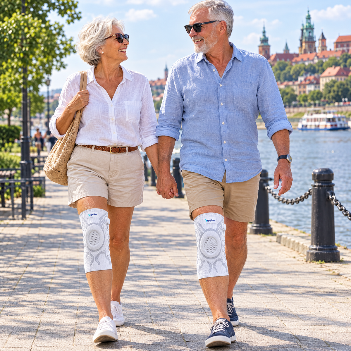 Para seniorów na spacerze, oboje w opaskach Giętko